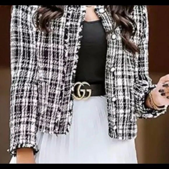 Zara Women's Black & White Boucle Tweed Blazer Jacket Pearl Buttons Sz Small - Picture 6 of 11